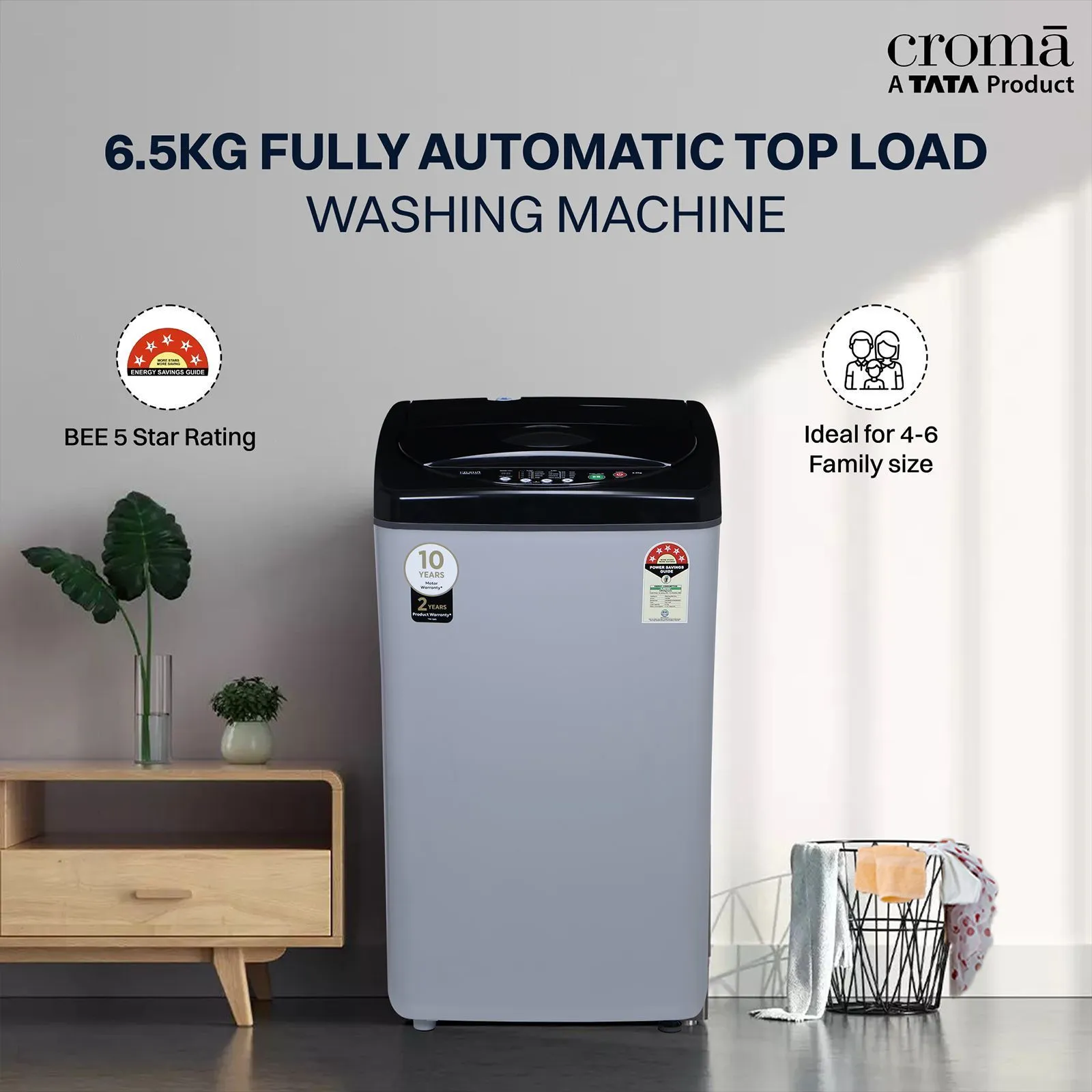 Croma 6.5 kg 5 Star Fully Automatic Top Load Washing Machine (Lint Filter, Inox Grey) - Image 3